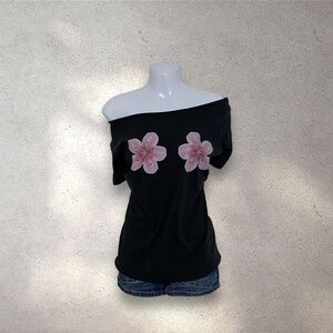 Y2K Black Off The Shoulder Blossom Flower Print Top
